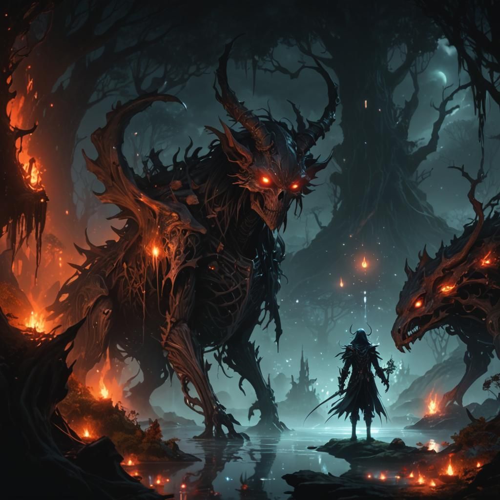 Mystical Dark Demon in Gothic Anime Forest