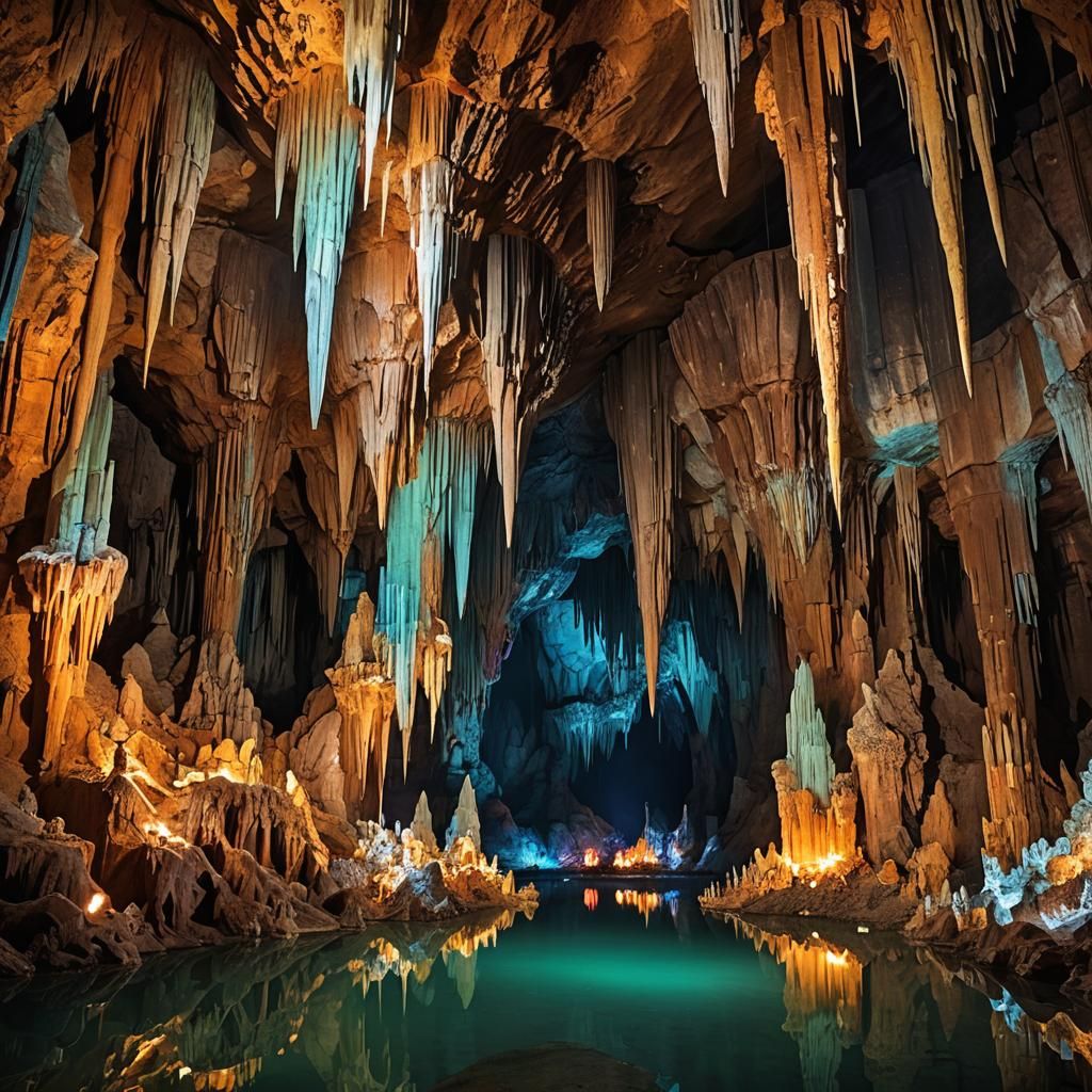 Wondrous Underground Cavern with Illuminated Stalactites