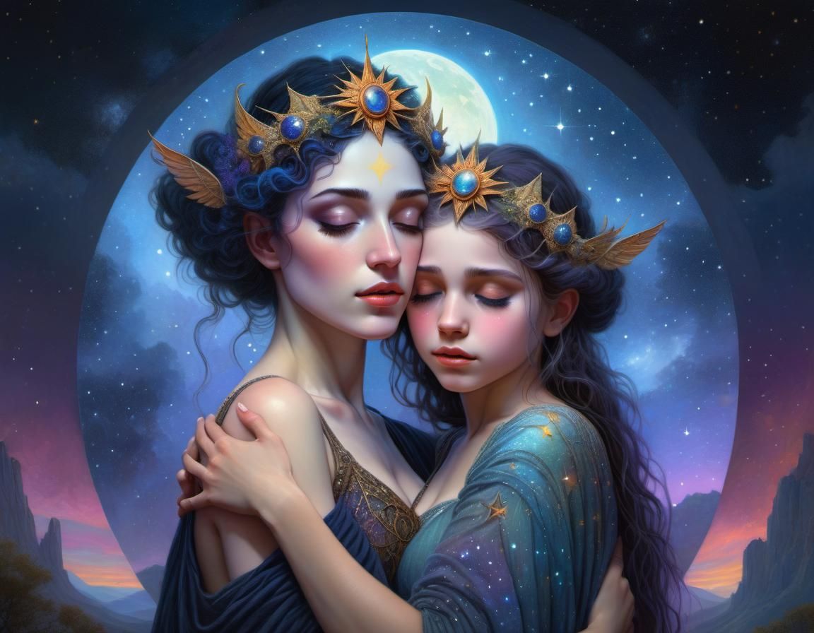 Mother Night Embraces Daughter in Starry Fantasy Art