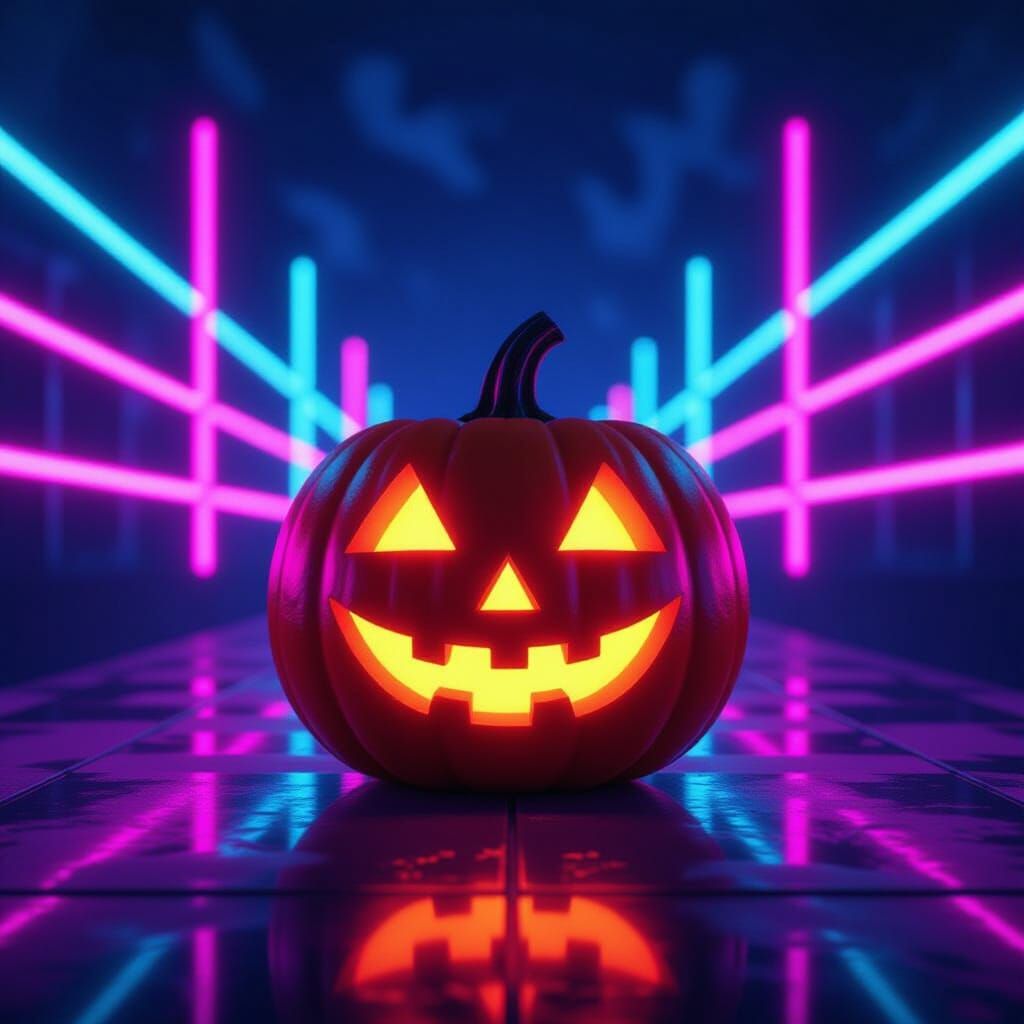 Glowing Jack-o'-lantern in Neon Synthwave Grid