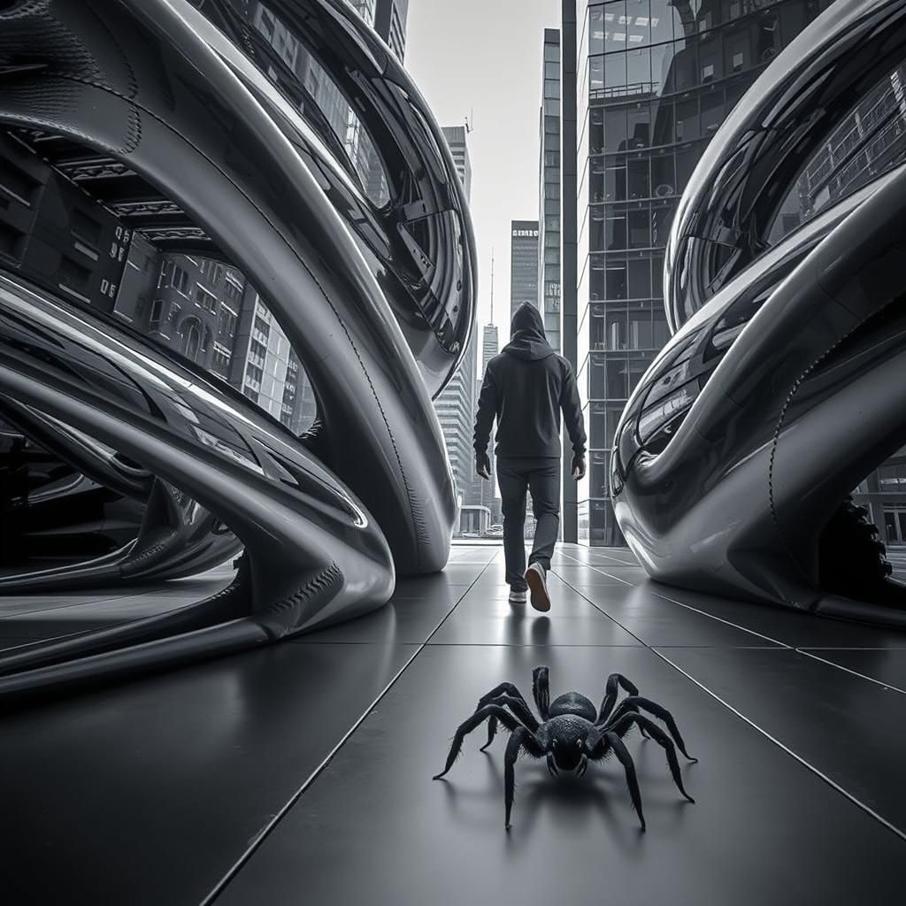 Man Walks with Dinosaurs in Cinematic Cityscape