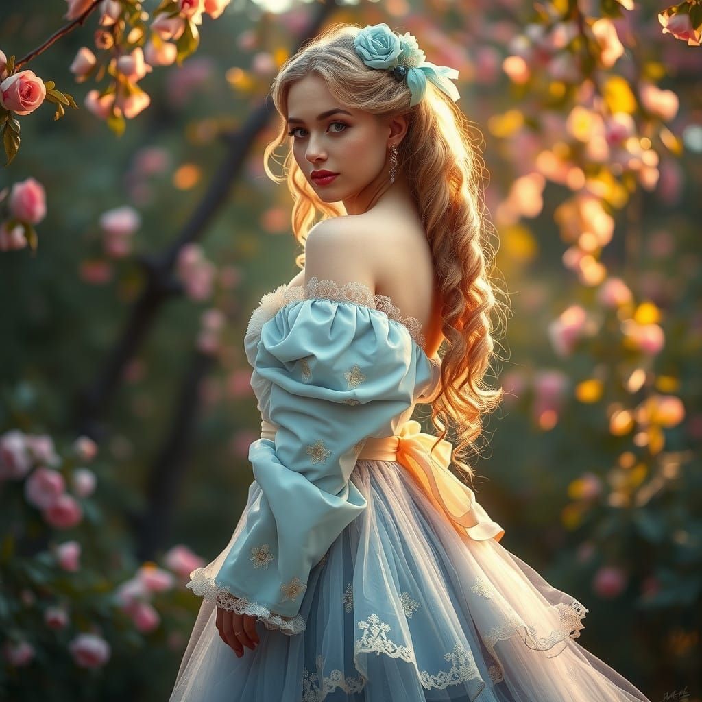 Ethereal Beauty in Ash Blue and Ecru Gown of 1867 Elegance