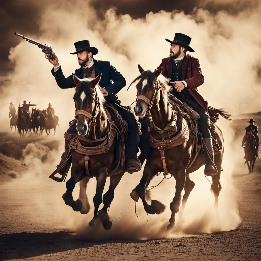 two men on horses having a gun fight in the old wild west