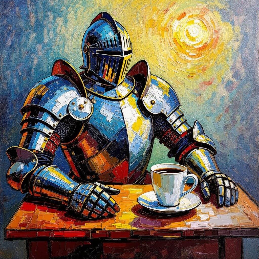 Steel Cuirass and Coffee on Table, Vibrant Oil Painting