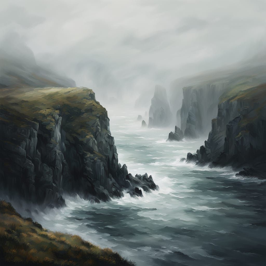 Misty Cliffs Engulfed by Sea: Impressionist Landscape