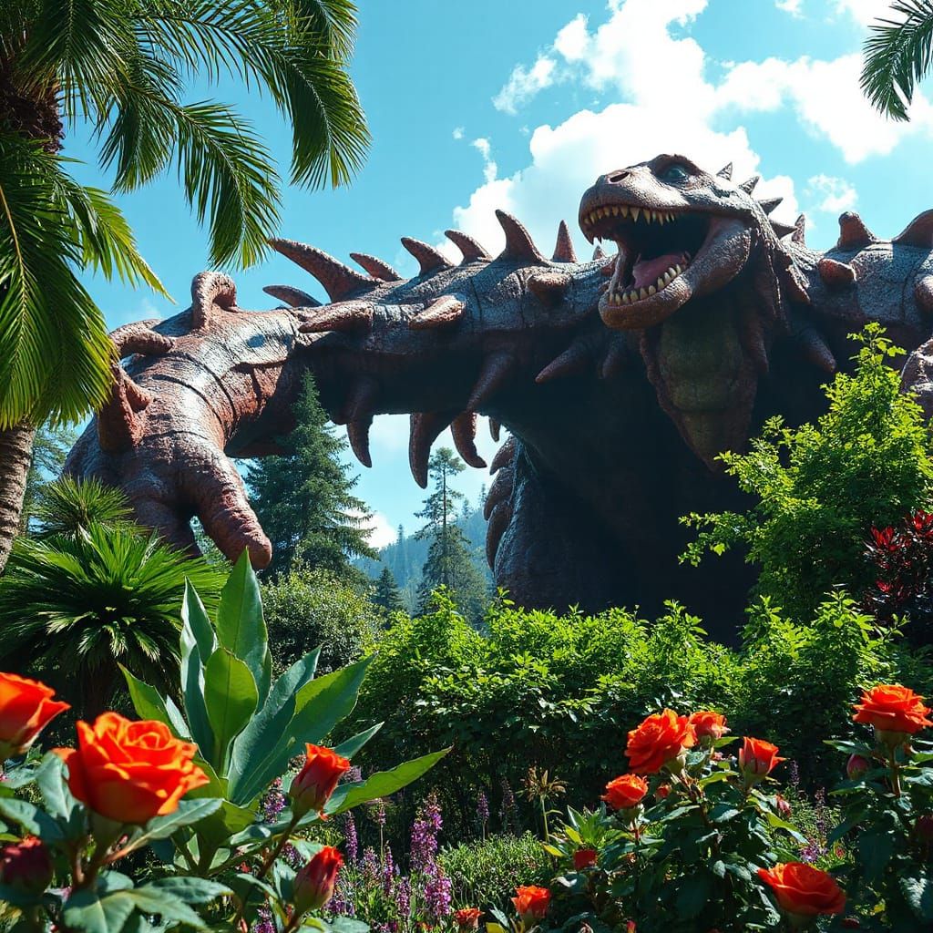 Colossal High-Fantasy Creature in Lush Vibrant Garden