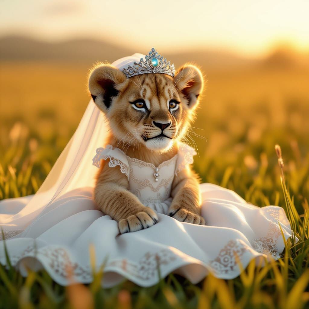 Baby Lion in Wedding Dress, Sci-Fi Style