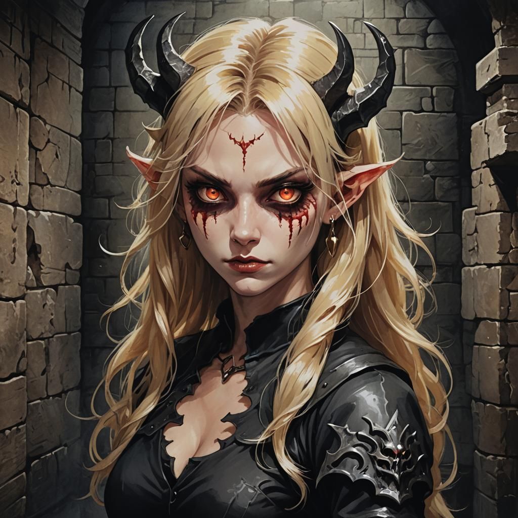 Blonde Female Demon in Dungeon, Acrylic Art
