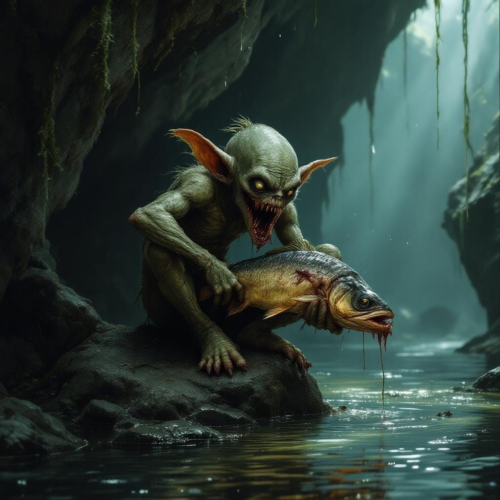 Creepy Goblin Eating Fish in Dungeon Stream