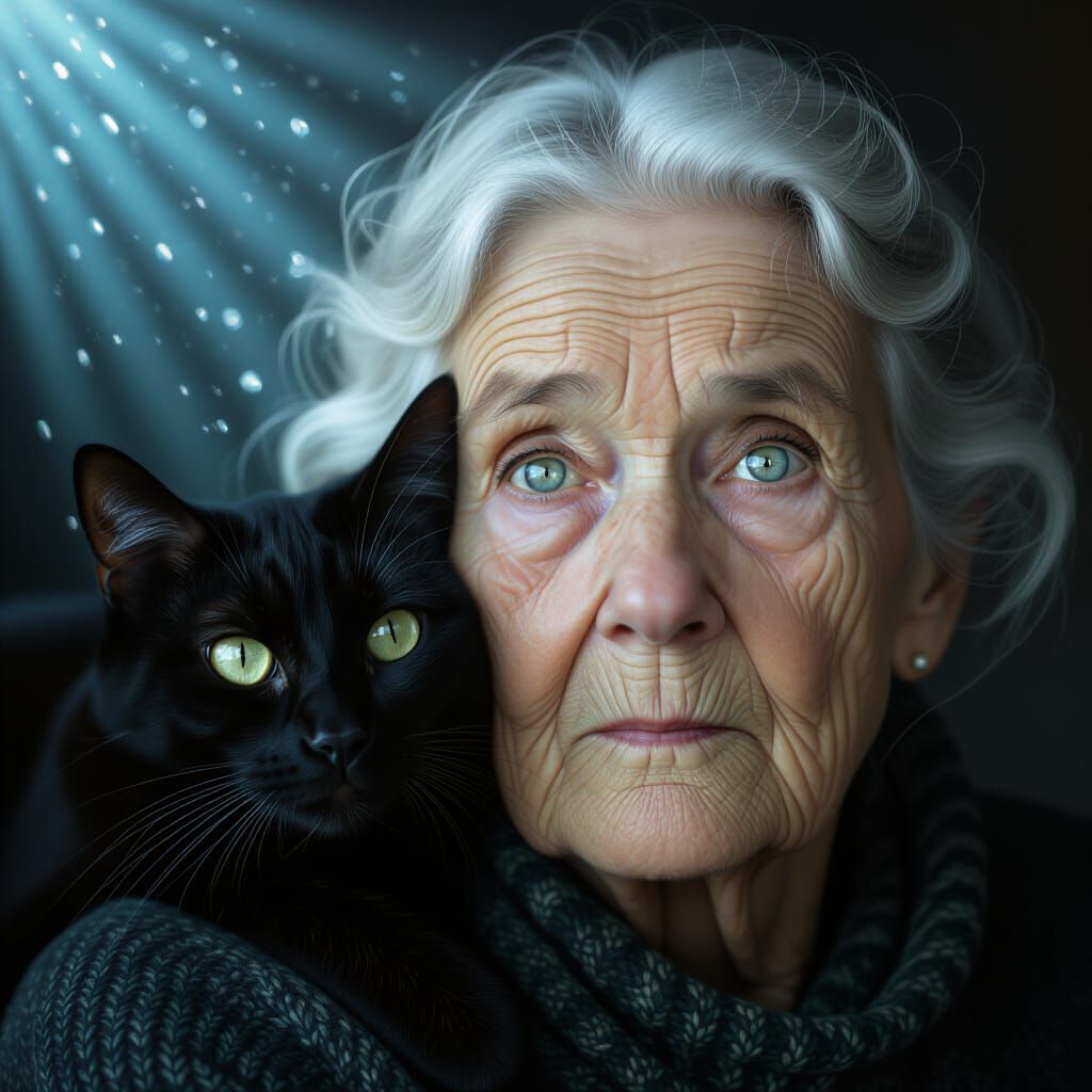Old Woman Portrait with Cat and Light Ray