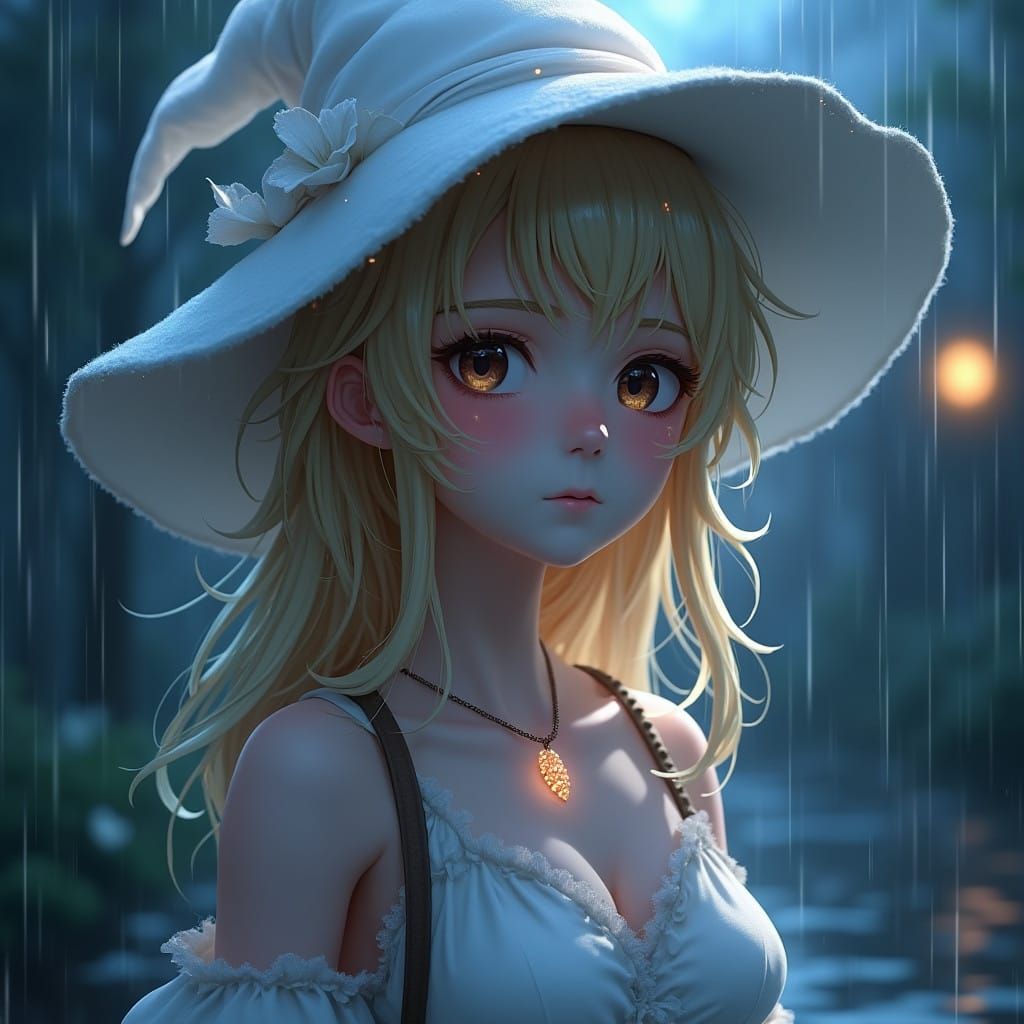 Serene Young Witch in Rainy Night Scene