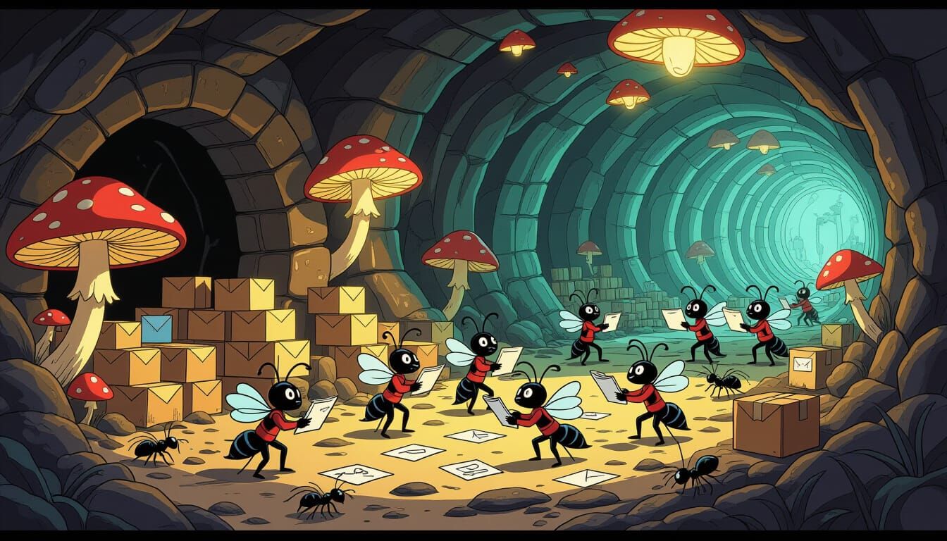 Ants' Secret Postal Service in Comic Book Style