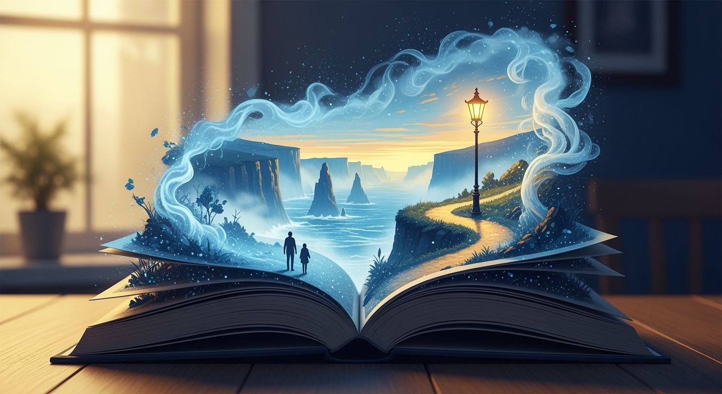 Magical Scene Emerges from Open Book on Wooden Table