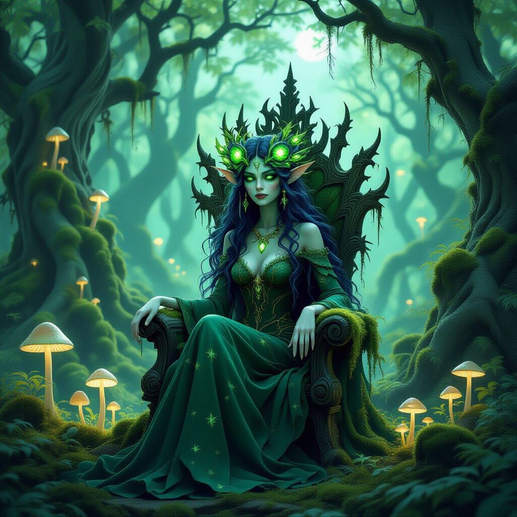 Whimsical Forest Spirit on Moss Throne in Ethereal Glow