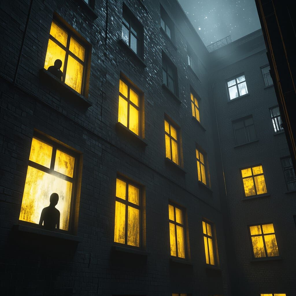 Grim Apartment Building at Night with Oozing Fog