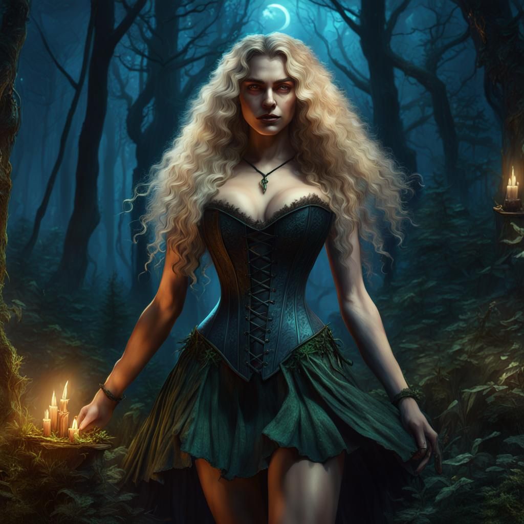 Spring Witch Celebrates Ostara in Forest, Detailed Fantasy A...
