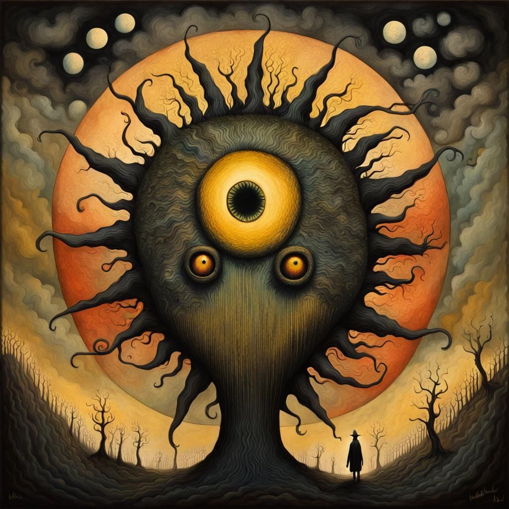 Absurd Capitalist Sun in Maximalist Horror Style