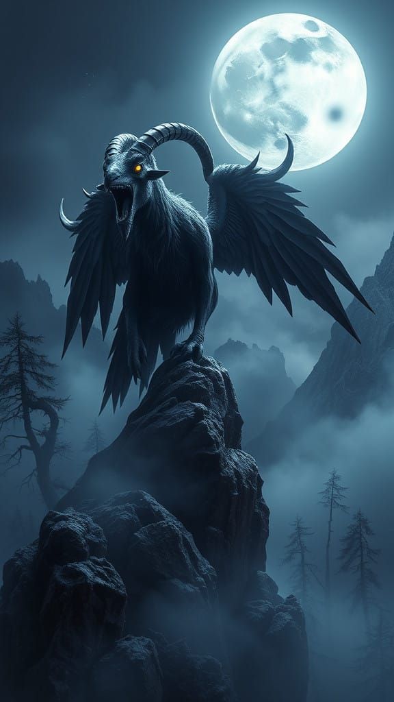 Mystical Goat Crow Hybrid Commands Twilight Landscape
