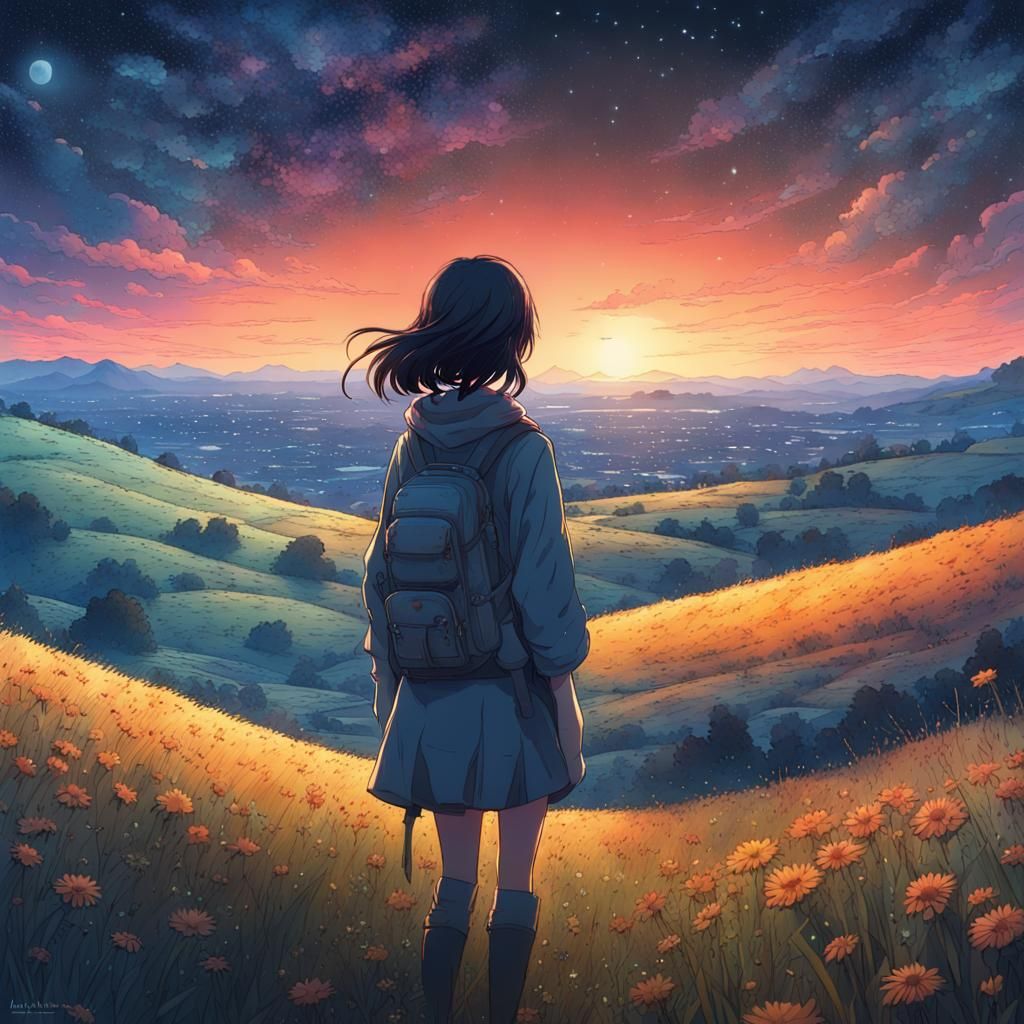 Girl in Starry Field: Digital Illustration
