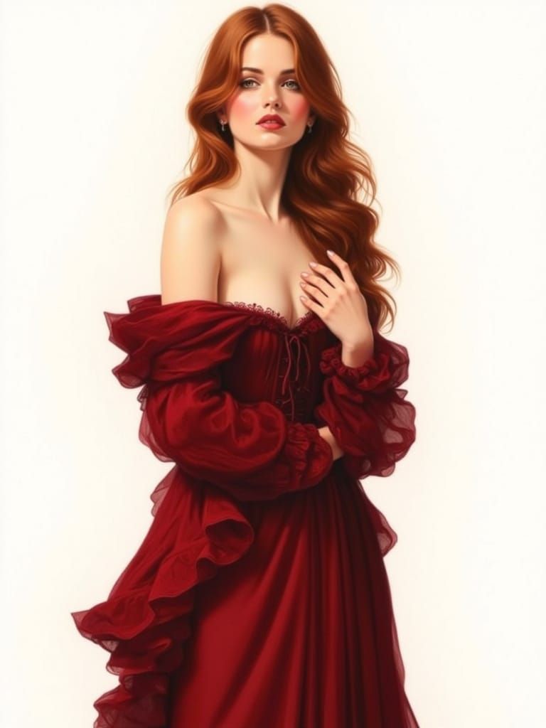 Pre-Raphaelite Portrait of a Woman in Red Gown