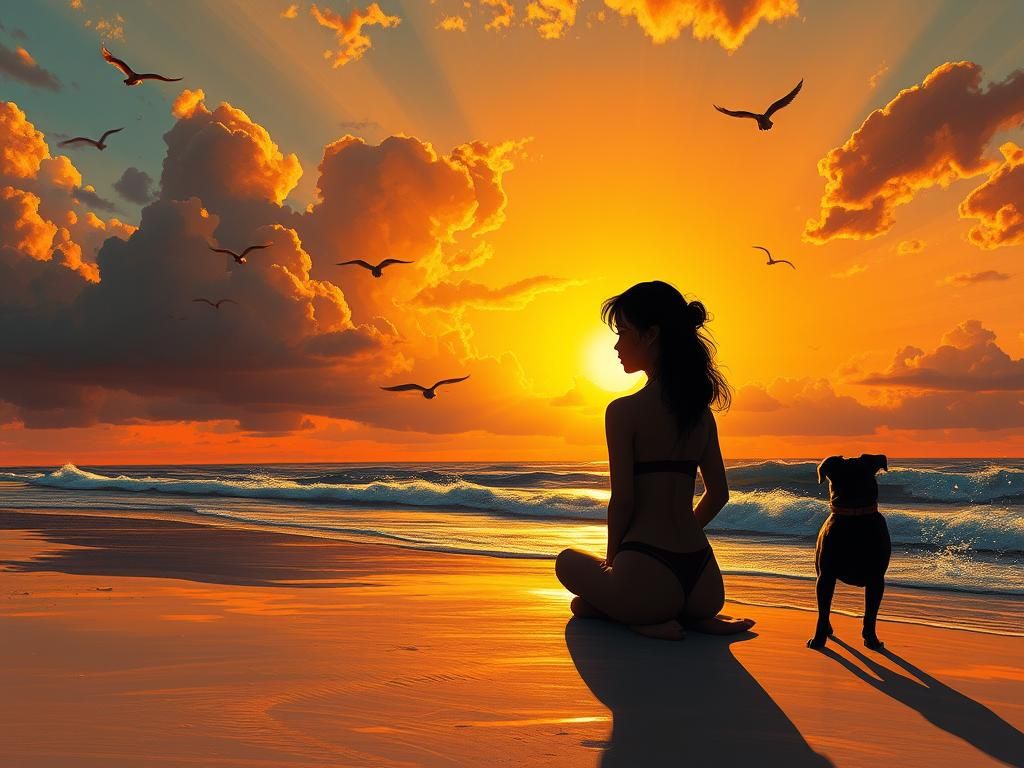 Sunset Beach with Girl and Dog, Digital Art