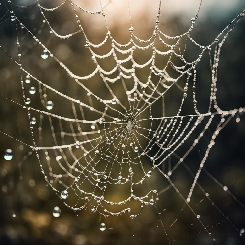 Spider Web with Water Droplets and Golden Jewels
