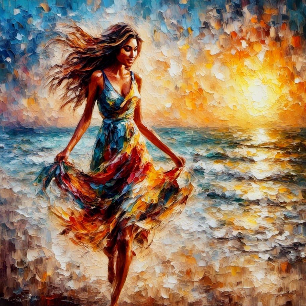 Woman Walks on Beach at Sunset in Oil Painting Style