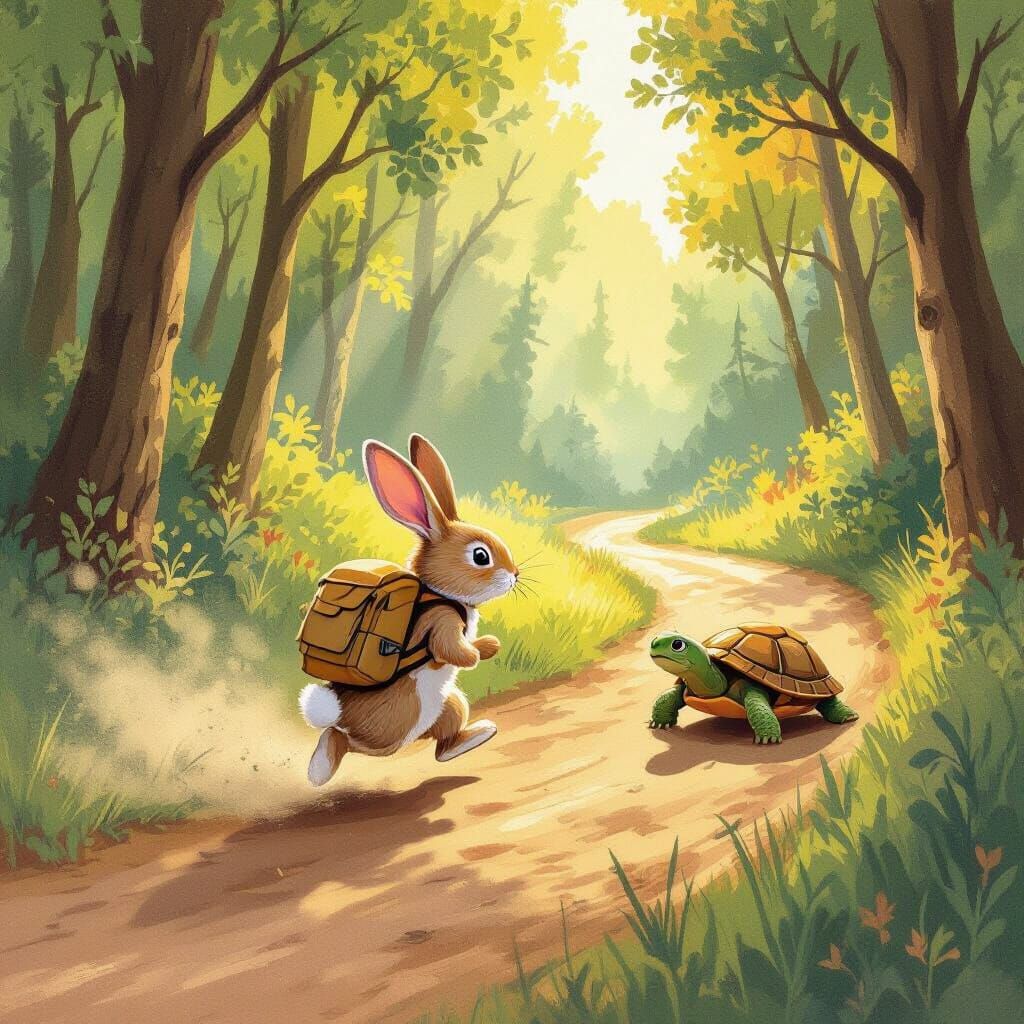 Rabbit Races Turtle in Vibrant Forest, Storybook Style