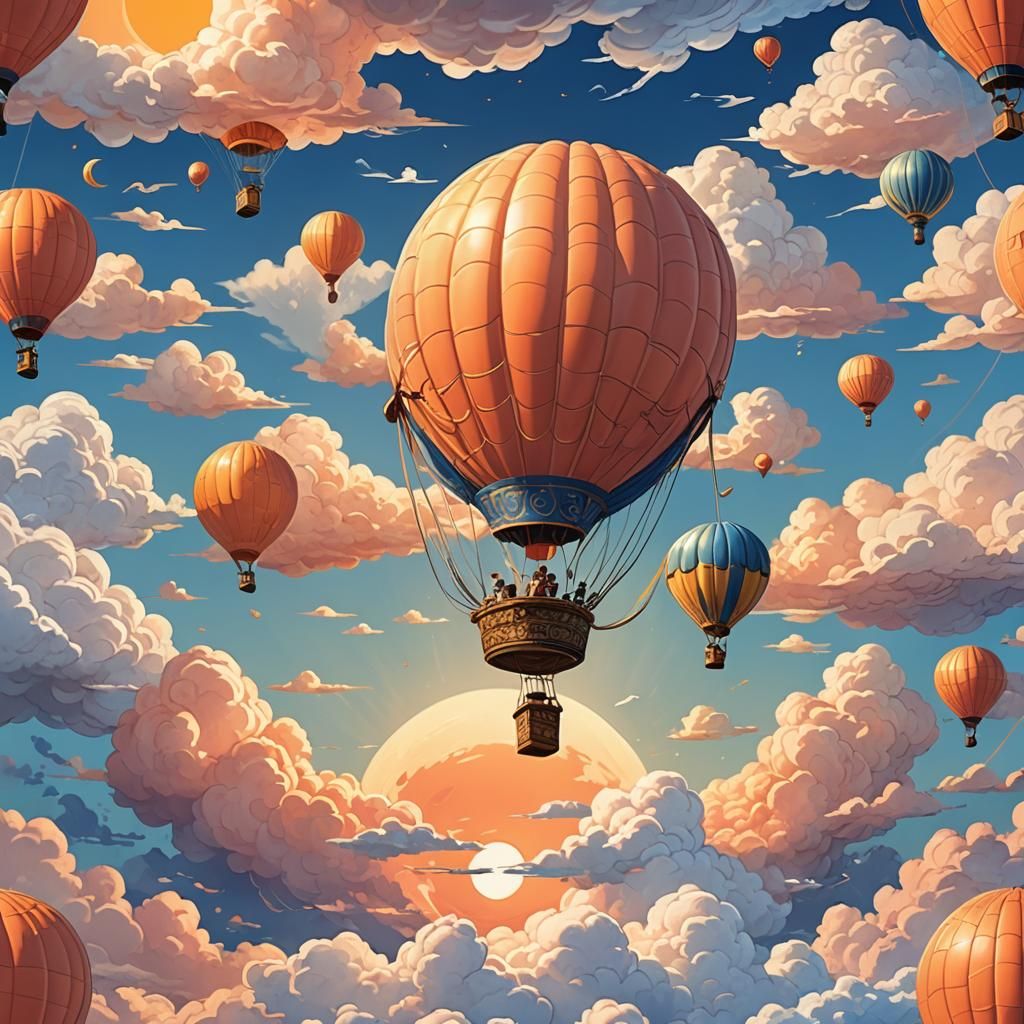 Giant Peach Hot Air Balloon in Fantasy Sky