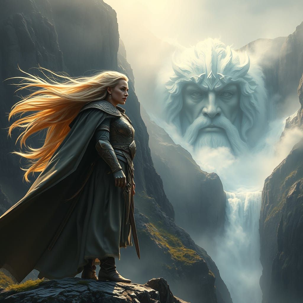 A blond norwegian valkerie woman standing on top of a fjord....