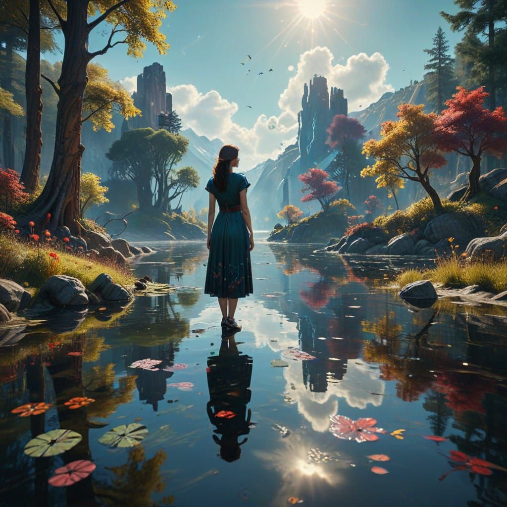 Serene Woman at Tranquil Pond in Vibrant Dreamlike Scenery