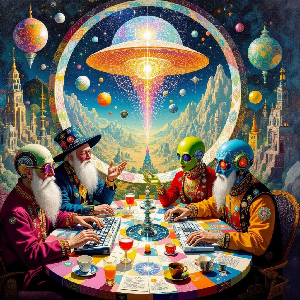 Psychedelic Galaxy Cafe: Surreal Utopia in Bosch Style
