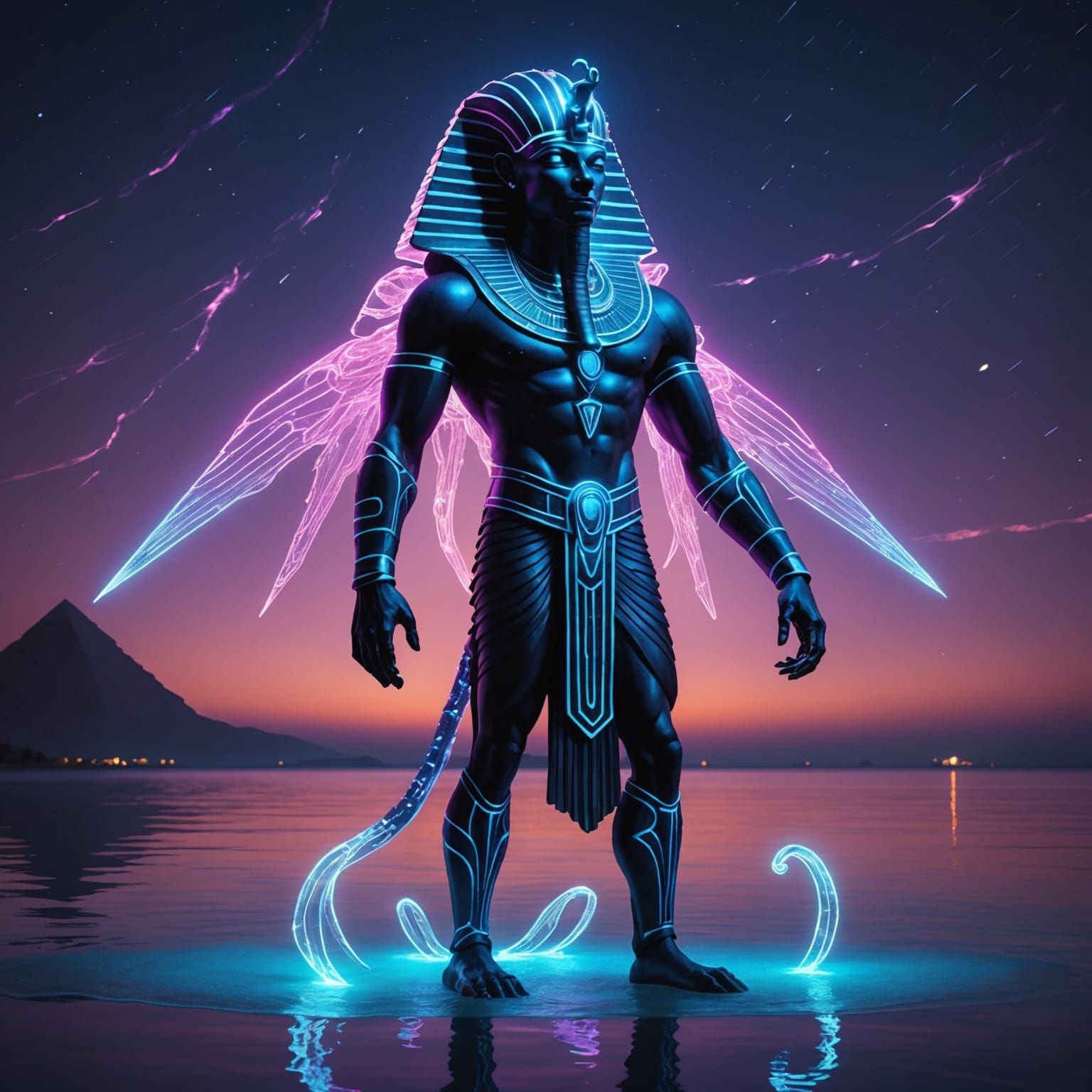Ethereal Egyptian God Walking on Water in Dark Fantasy Style
