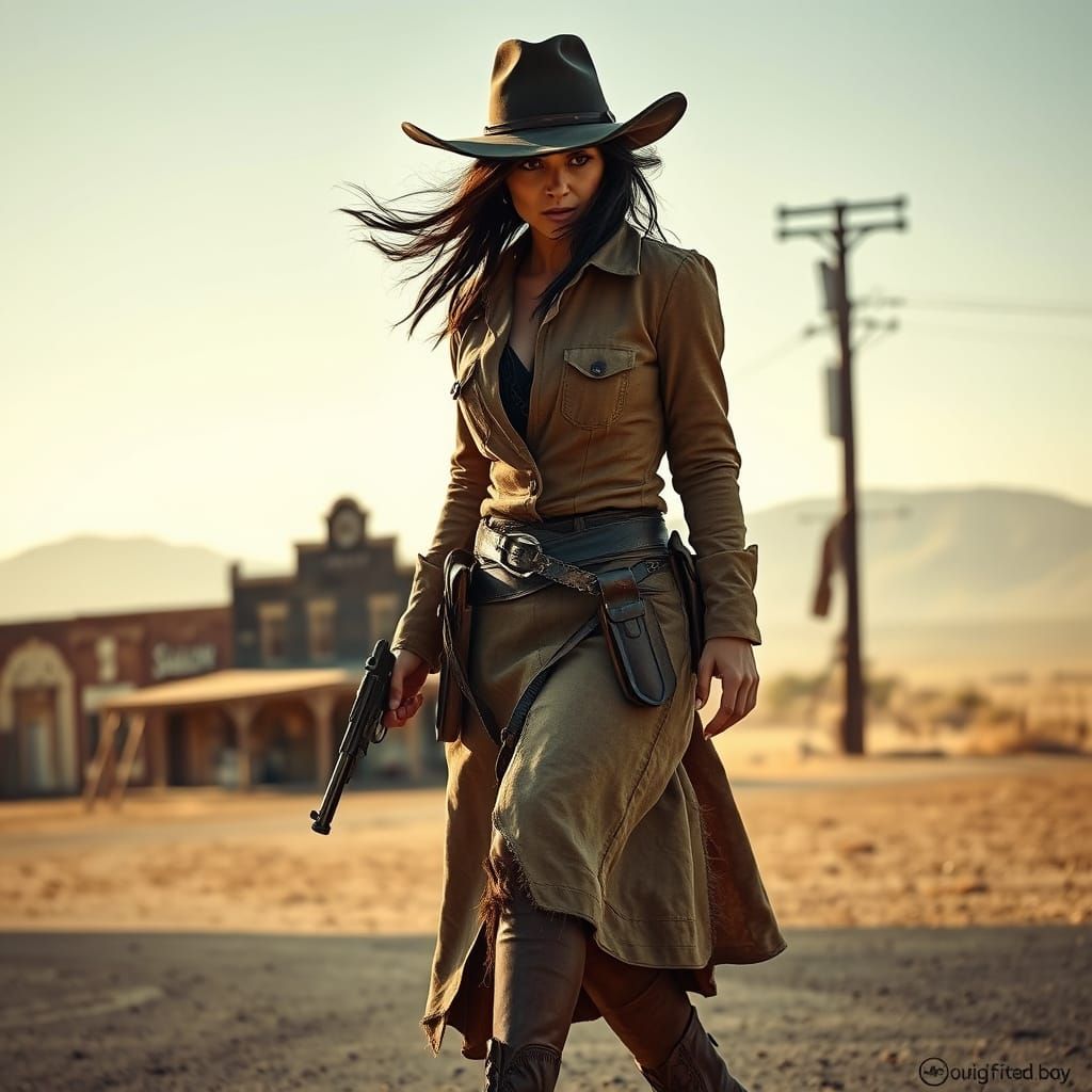 A Lone Outlaw Walks Through a Deserted Ghost Town