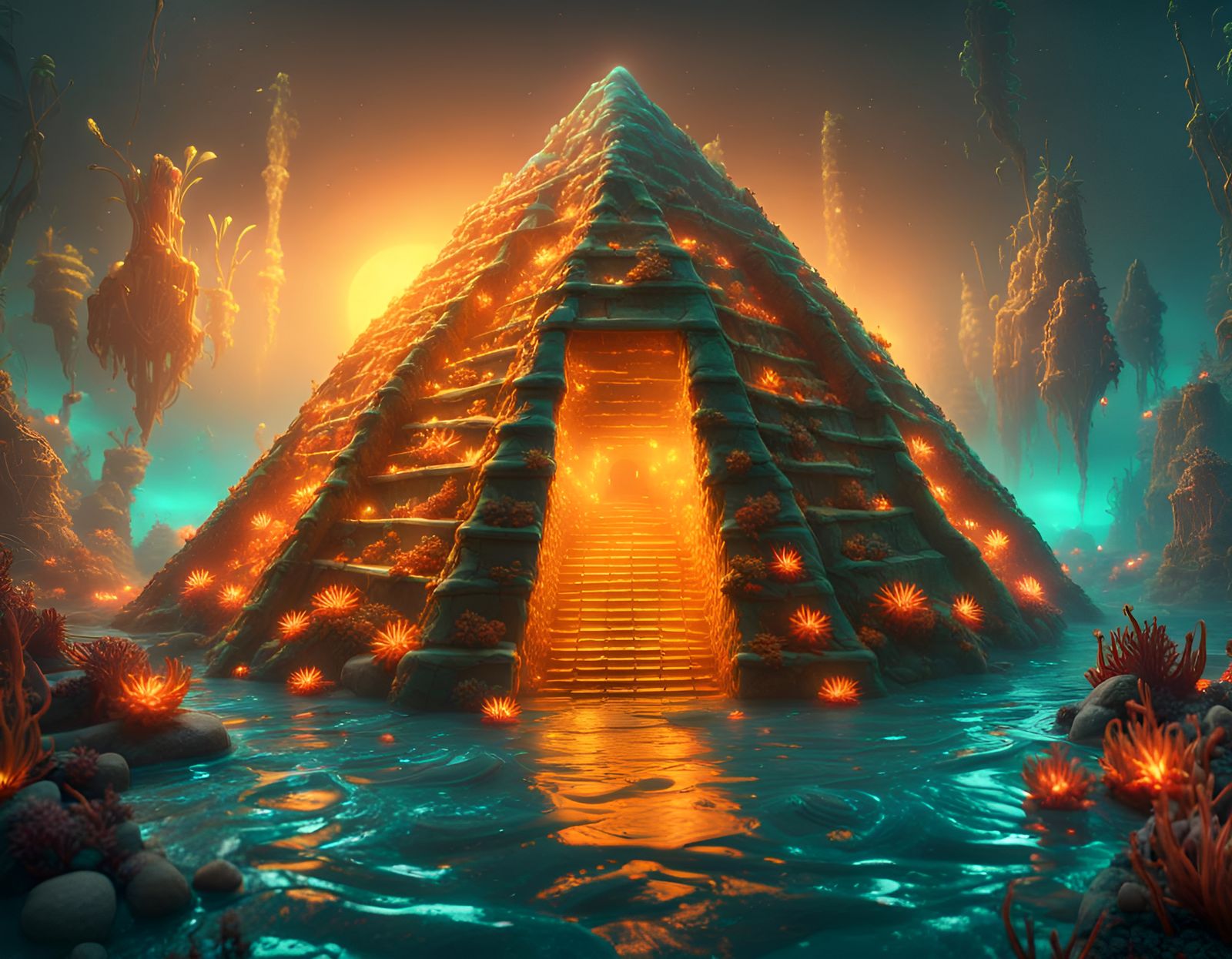 Sunken underwater pyramid covered in seaweed.