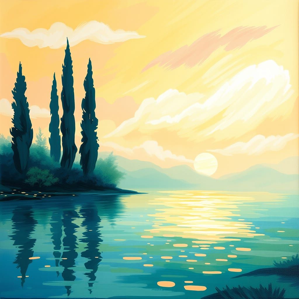 Impressionist Landscape Painting with Soft, Feathery Clouds ...