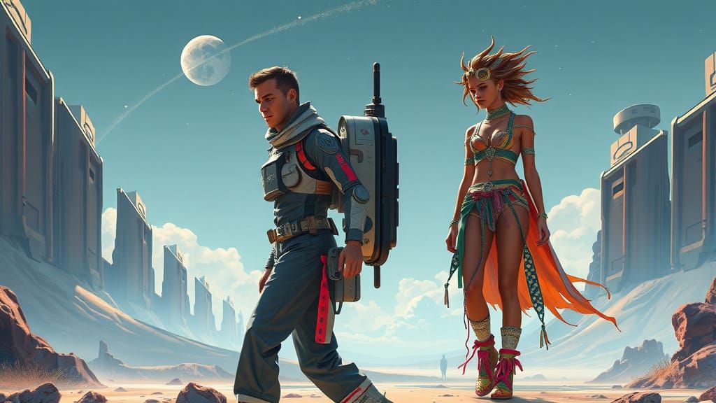 Alternate Selves Meet in Futuristic Landscape