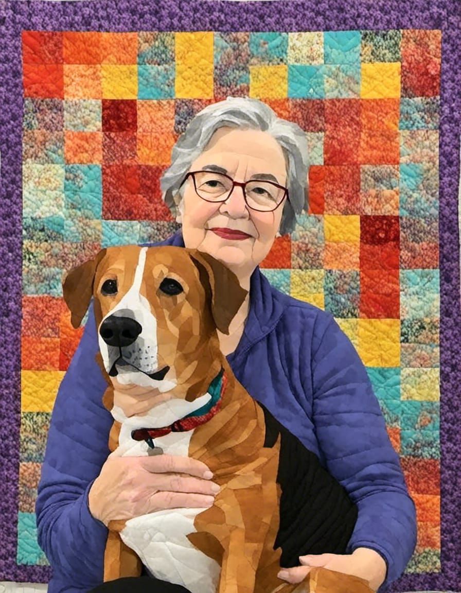 Woman and Dog Portrait in Quilt Style