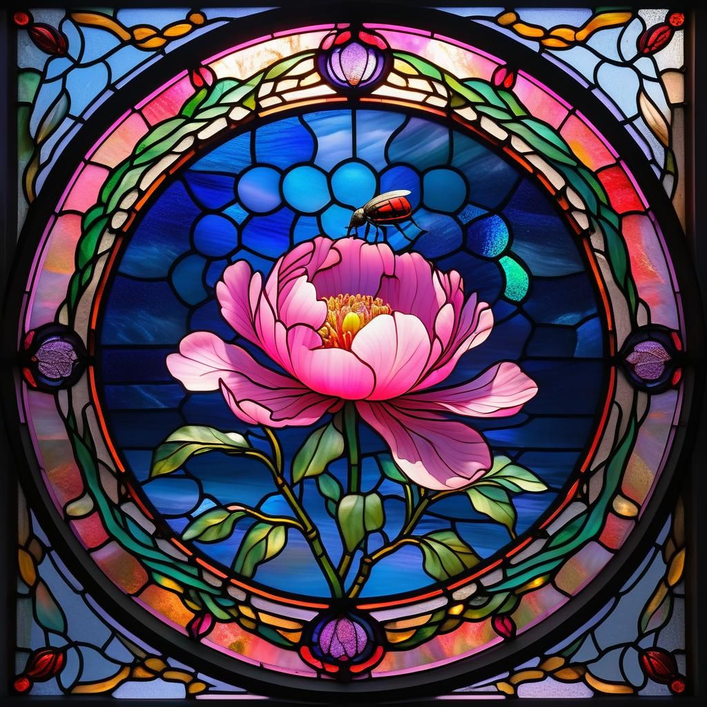 Peony in Stained Glass Window, Luminous Floral Art
