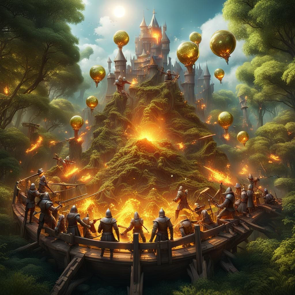 Knights Launching Crystal Orbs into Spring Forest