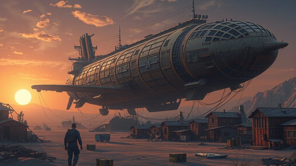Rust-Hued Cargo Ship Descends Upon a Dystopian Alien Town