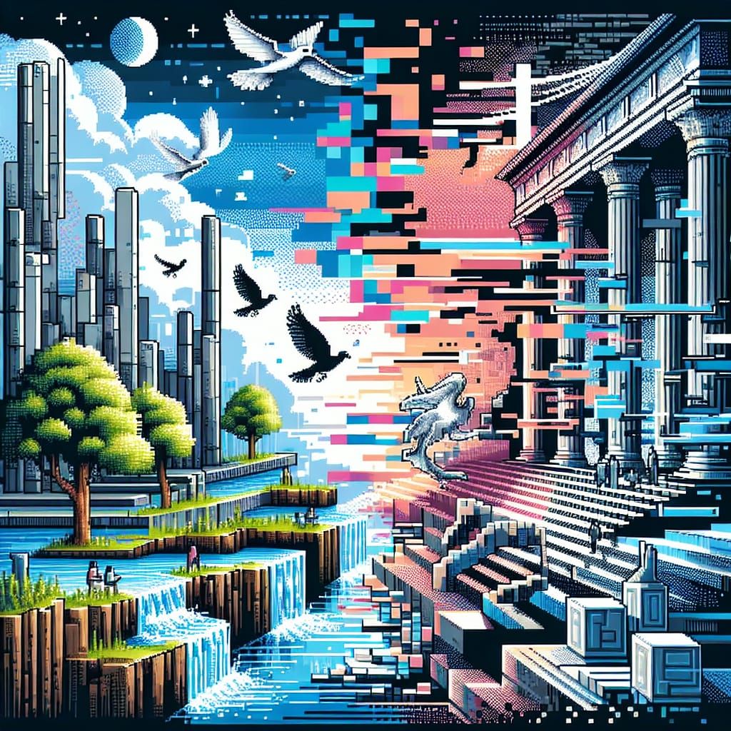 Surreal Pixel Art Cityscape in Multiple Dimensions