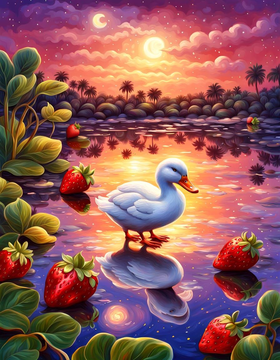 Strawberry Beach Holiday with Duck: Digital Art