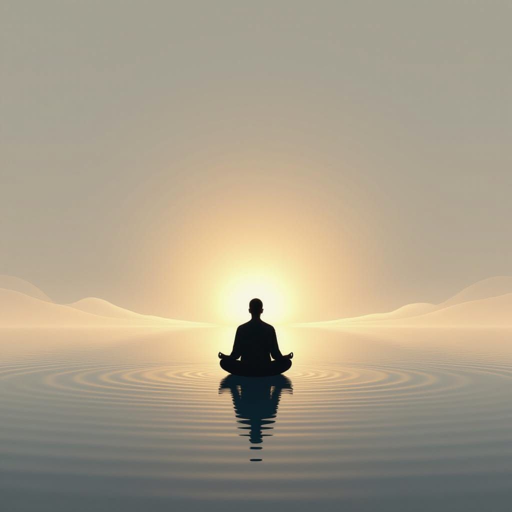 Meditative Figure Radiating Stillness in Luminous Landscape