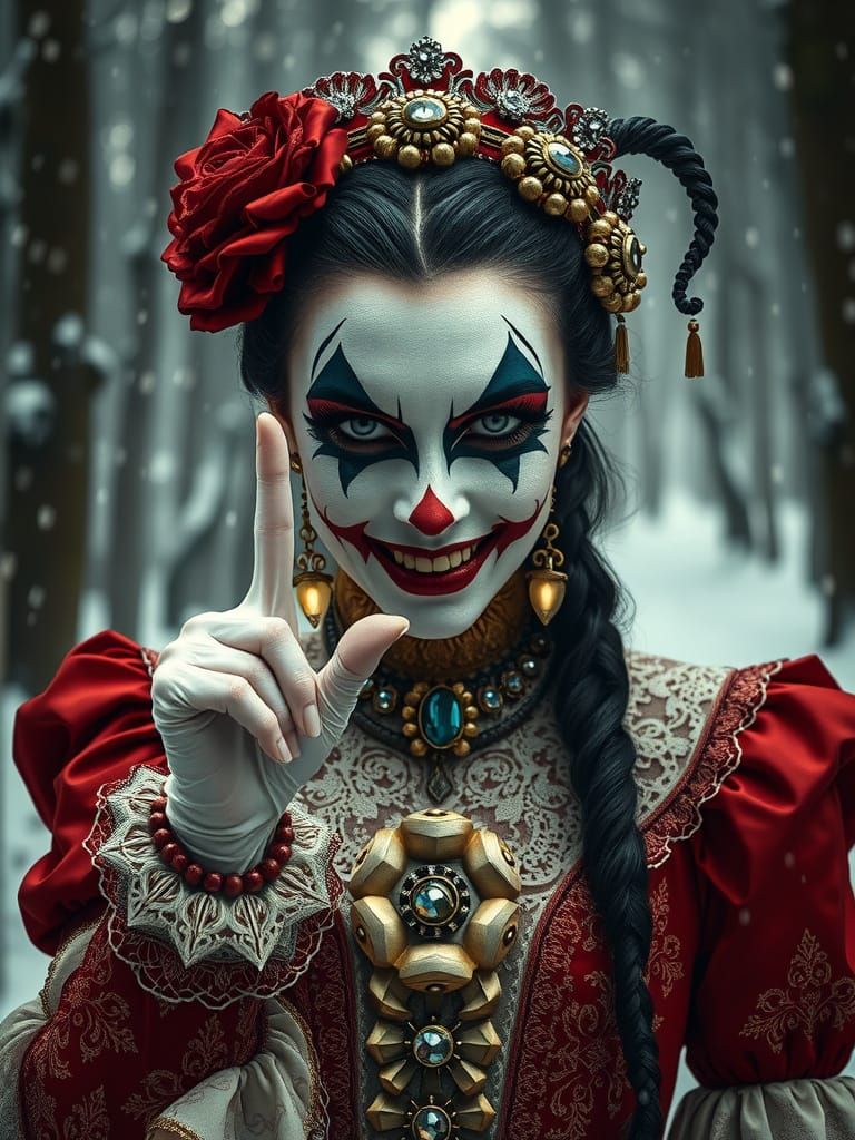 Harlequin in Victorian Costume Silencing Winter Forest