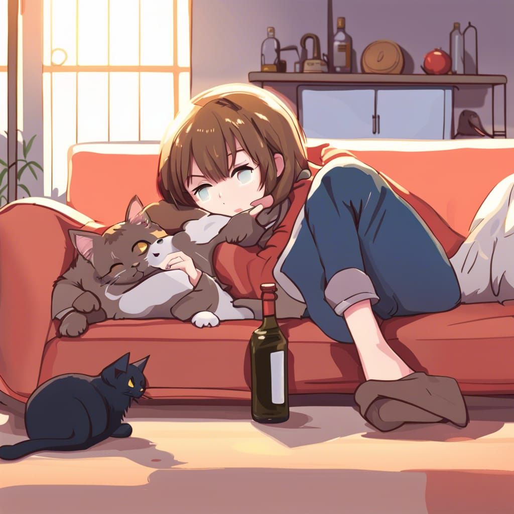 Anime Style: Girl Asleep with Cat and Empty Bottle