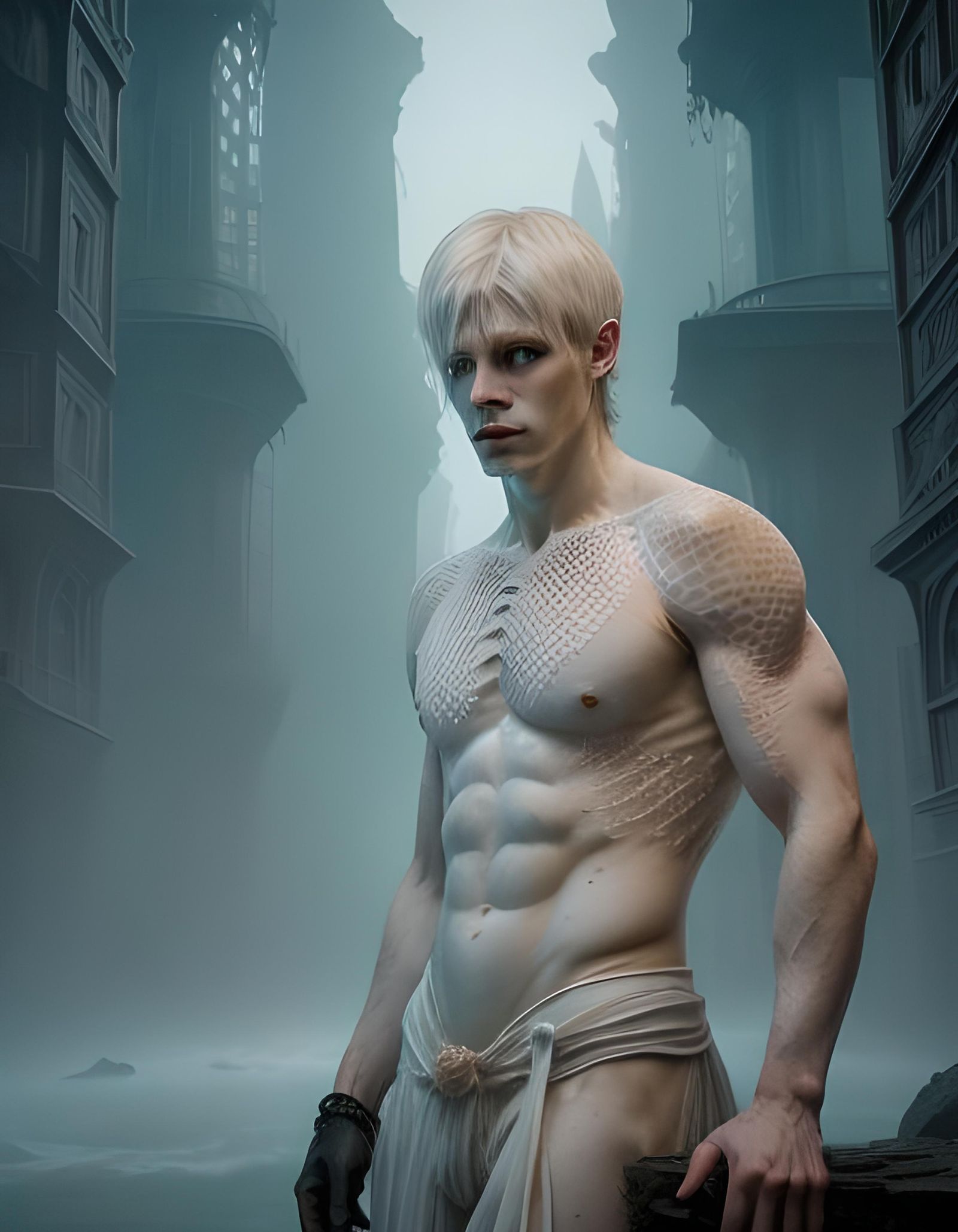 Fantasy Gothic Cityscape with Albino Dragon Man