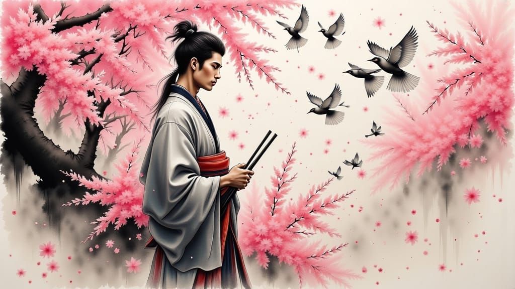Gay Samurai in Cherry Blossoms: Japanese Art Style