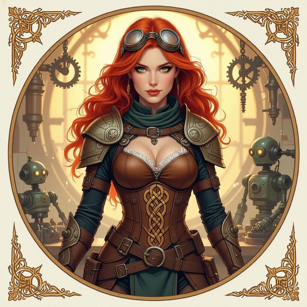 A breathtaking redhead artificer stands proudly in her steam...