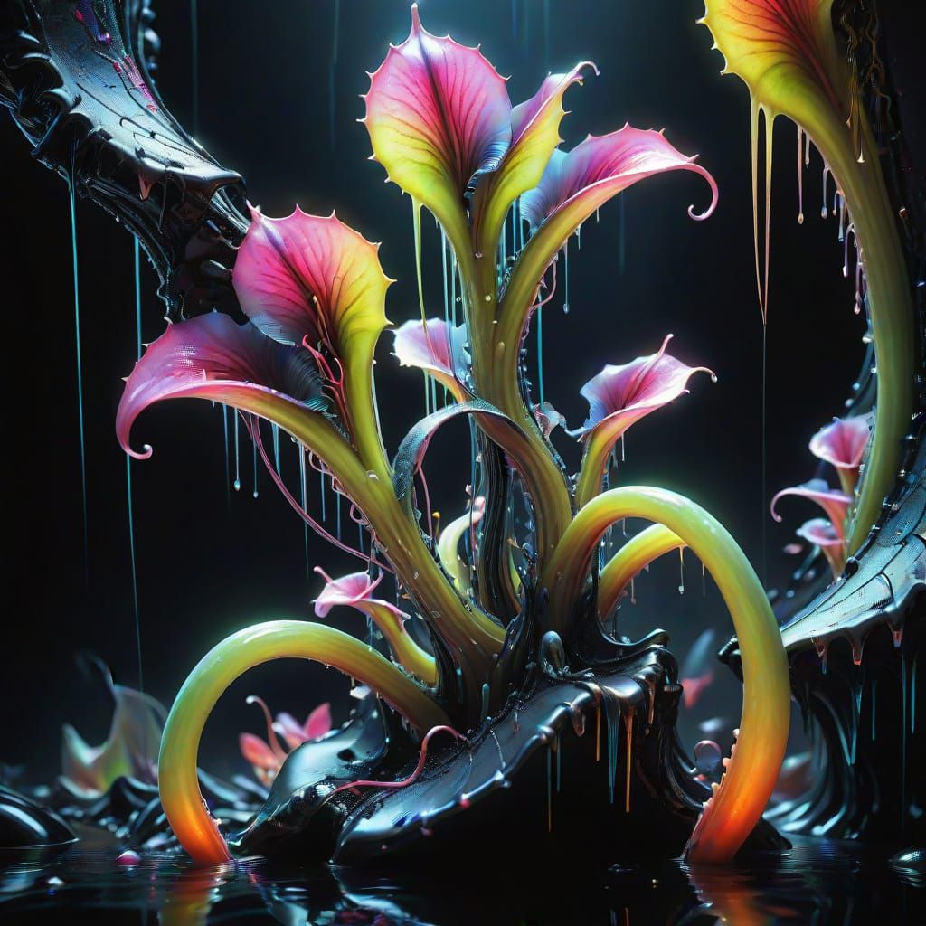 Biomechanical Alien Plant Blooms on Obsidian Island in Hyper...